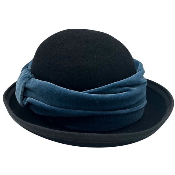 Bevali Read London Black Wool Felt Dome Hat Cotton Velvet Draped Band 56cm 6 7/8 main image 4